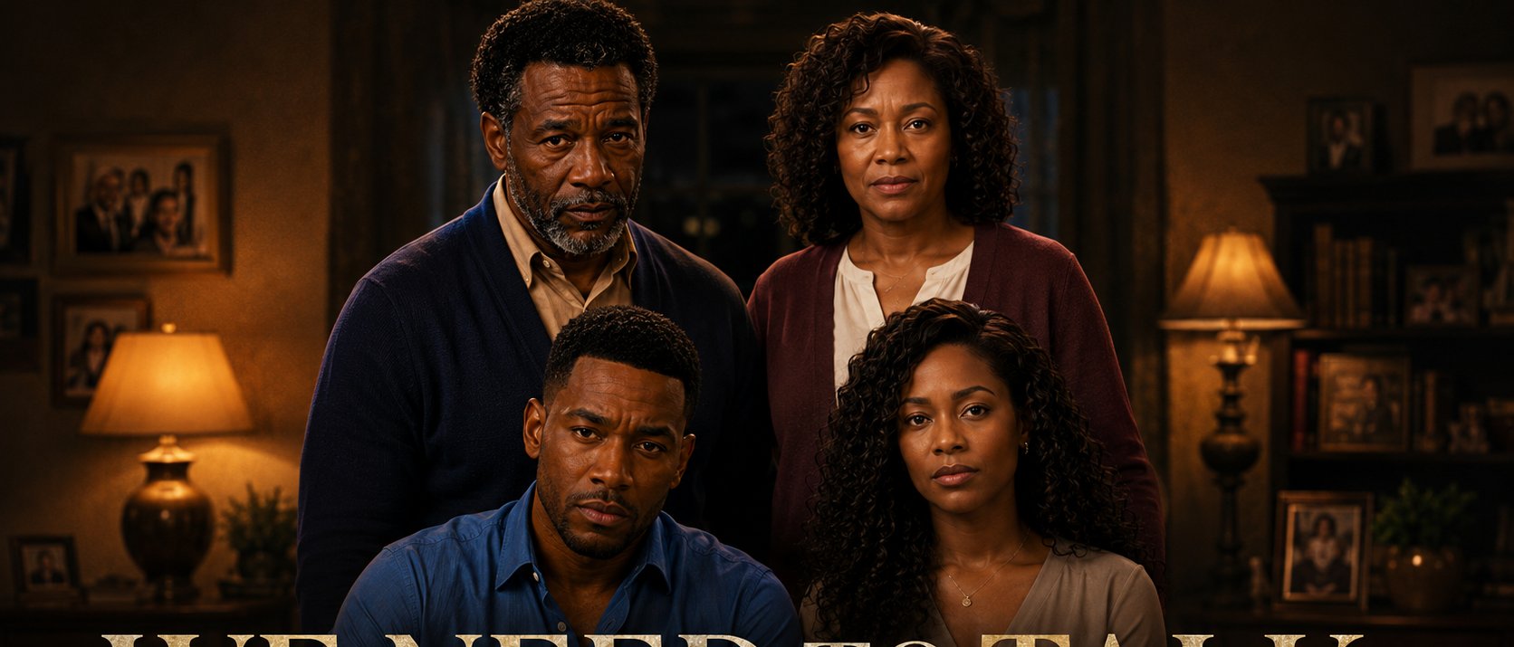 The family of WE NEED TO TALK in a warm, mysterious home